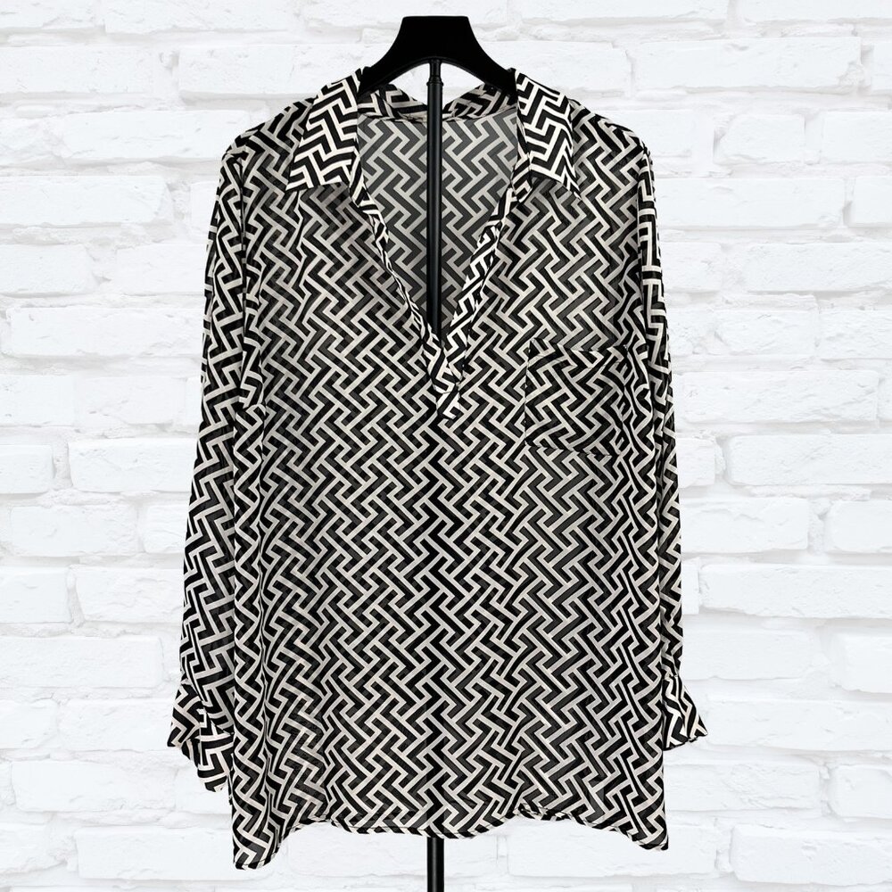 Pleione Black White Geometric Semi Sheer Blouse Size 1X